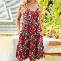 Ljetne haljine za žene V vrat tiskane špagete naramenice Sundress casual Flowy Beach Holiday Midi haljina s džepovima