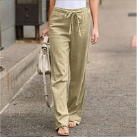 Pamučne lanene hlače za žene elastične hlače s ravnim nogama s visokim strukom čvrste ležerne labave ljetne hlače
