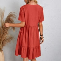 Ženska jednobojna ljetna široka haljina s izrezom u obliku slova M, kratkim rukavima i rufflesima na rubu