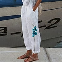 Ravne hlače za žene, pamučne i lanene Capri hlače s printom leptira, s džepovima, odbijenim ovratnikom, Elastičnim