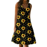 Ženske haljine bez rukava tiskana modna koljena dužina sunčeva haljina okrugla dekolte ljetna haljina žuta 3xl