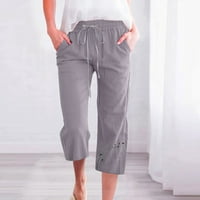 Capris za žene, povremene ljetne pamučne lanene hlače izvlačenje visokih struka cvjetnih tiskanih hlača s džepovima
