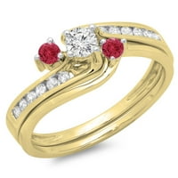 Kolekcija 14k Okrugli Rubin s bijelim dijamantom, set ženskih zaručničkih prstenova u meniju, žuto zlato, veličina