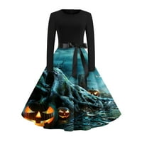 Gotičke crne haljine za žene, gotički Print za Noć vještica, lepršave večernje haljine dugih rukava s okruglim