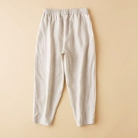 Ženske pamučne lanene Capri hlače u boji, jednobojne prozračne joga hlače s džepovima, elastični pojas, široke