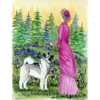 Dama sa svojom zastavom norveškog elkhounda-veličina vrta