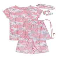 Majica Wonder Nation Girls, kratke hlače, maska ​​za oči, set pijama Scrunchie & Bag, 5-komad, veličine 4- & Plus