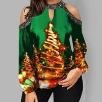 Božićni vrhovi za žene, Ženska ležerna božićna bluza s dugim rukavima s ramena, majice