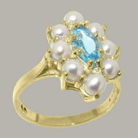 14k britansko žuto zlato s prirodnim plavim topazom i kultiviranim biserima, ženski prsten obećanje - opcije veličine-Veličina