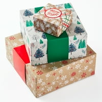 Hallmark Assorted Size poklon kutije s omotanim trakama za božićne rustikalne snježne pahulje, karira, drveće,
