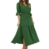 Ženski polu-rukav V-izrez labava čvrsta haljina za gležnjeve podijeljeno swing maxi haljina vojska zelena xl