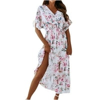 Šifonske haljine za žene Fall Fashion Boho cvjetni print v vrat kratki rukavi Boemijska maxi haljina s Strappy