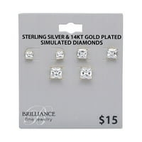 Ženske kvadratne naušnice od 14 karatnog srebrnog srebrnog trija od imitacije dijamantnog trija