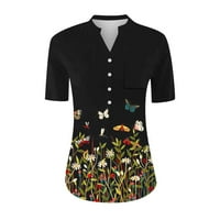 Ženske ljeto casual cvjetni cvjetni gornji dio i bluza v vrat kratke rukave labave gumb za postavljanje up tunika