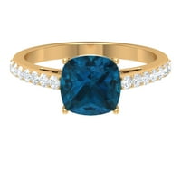 Prsten pasijansa s londonskim plavim topazom izrezanim jastučićem i površinskim moissanitom, 14k žuto zlato, 3,50