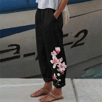 Ženske ljetne široke pamučne i lanene hlače s džepovima i tiskanim hlačama u crnoj boji