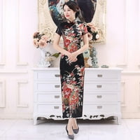 Ženska kineska tradicionalna duga haljina Cheongsam sa stojećim ovratnikom i prorezom, tanka crna 4 inča